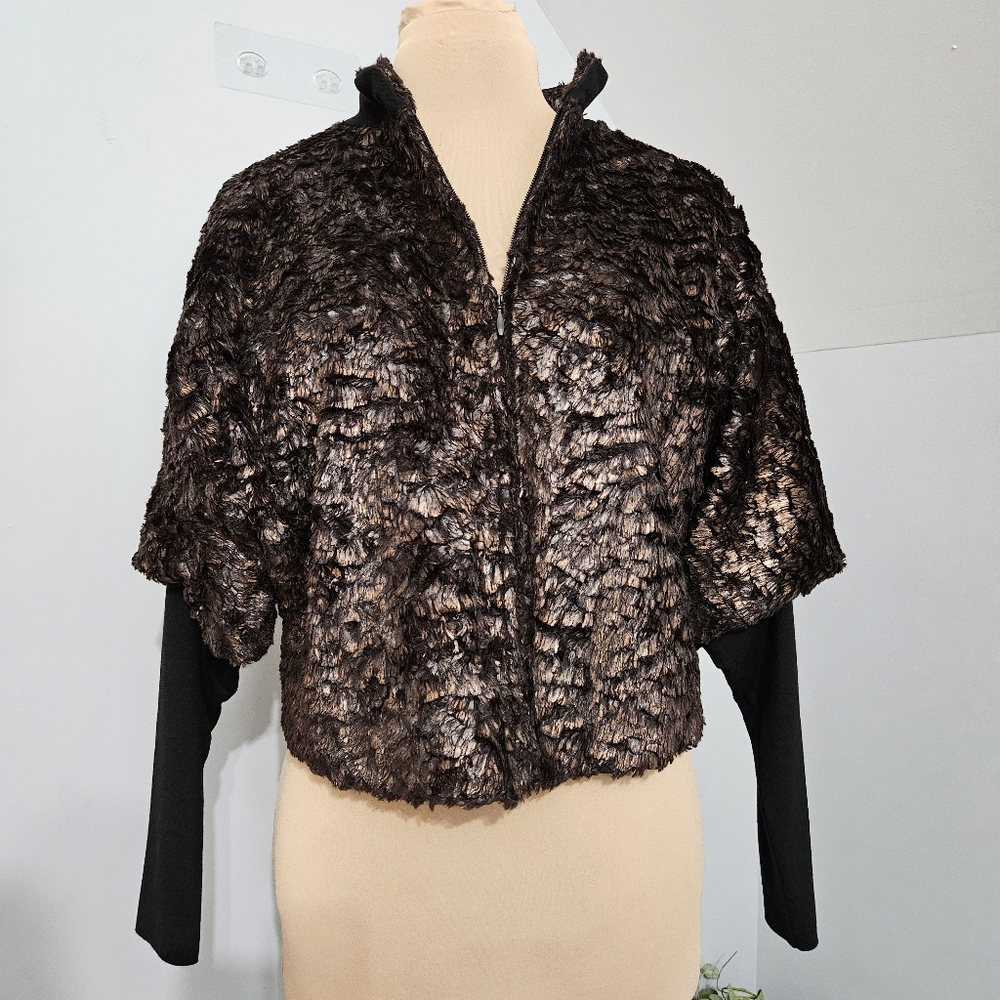 Helios & Luna Brown Feather-like Cropped Zip Up Jacket Size 8